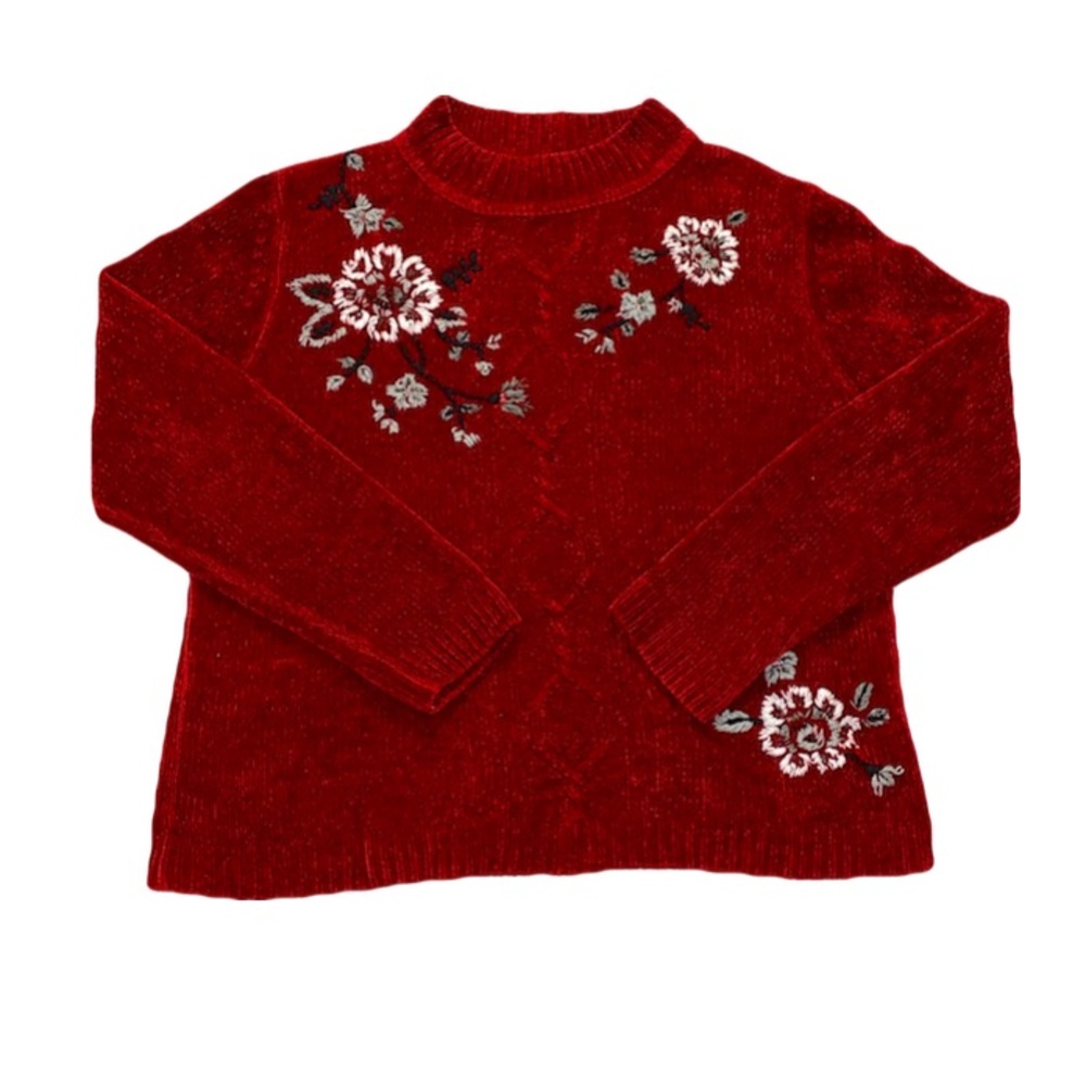 90s Knitted Acrylic Red Floral Mock Neck Sweater